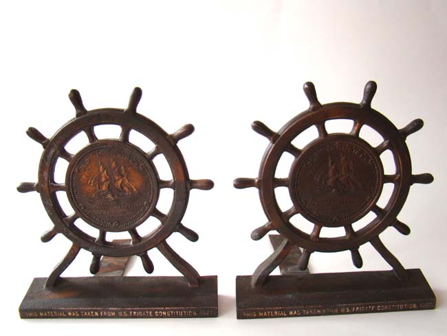 A pair of USS CONSTITUTION bookends made from salvaged material taken from the ship in 1927